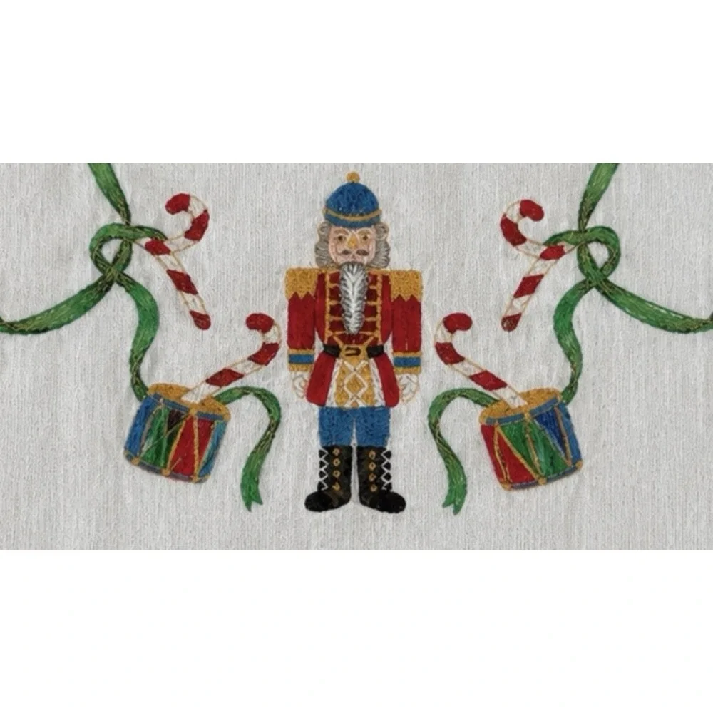 Vintage Handmade Embroidered Christmas Tablecloth Nutcracker Scallop 63x112 F/W